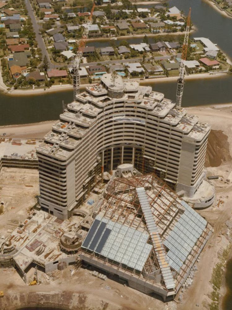 Aerial view of a Gold Coast casino under construction beside the canals